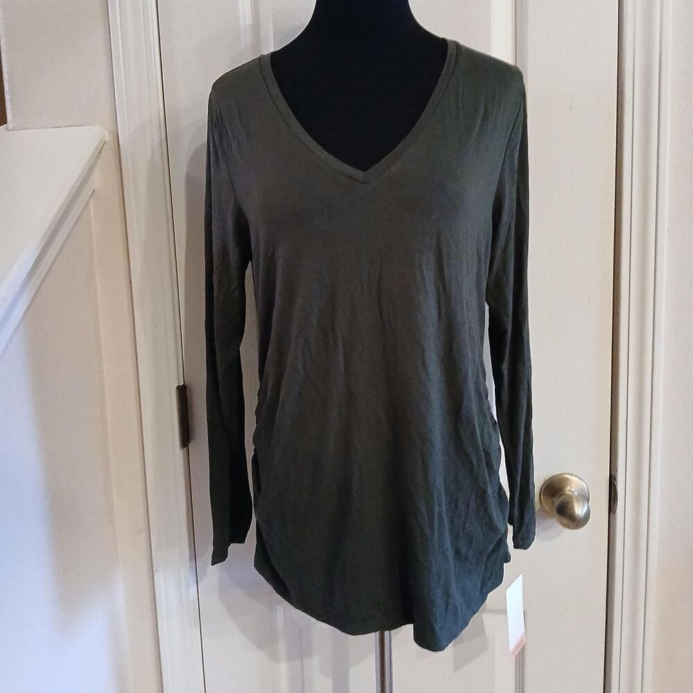 NWT Motherhood maternity green V-neck long sleeve stretch top ruched sides large